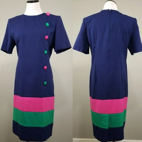 Vintage 80s Mod Secretary Dress 12P Womens Blue Pink Green Willow Ridge Sheath - Picture 1 of 10
